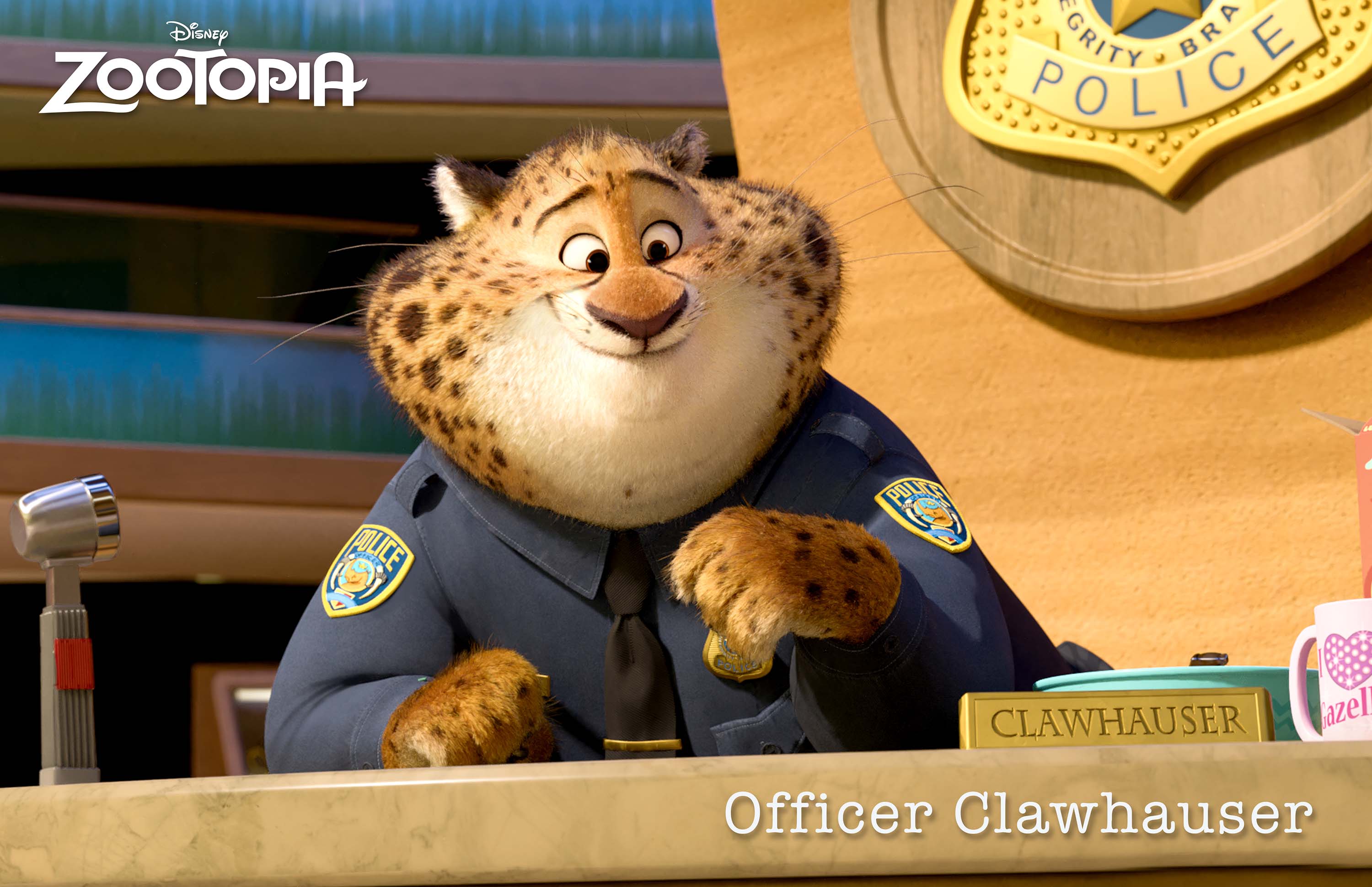 ZOOTOPIA â€“ The Zootopia Police Department’s most charming cheetah, BENJAMIN CLAWHAUSER. Clawhauser loves two things: pop star Gazelle and donuts. From his reception desk, he greets everyone with a warm smile and a helpful pawâ€”covered in sprinkles. Â©2015 Disney. All Rights Reserved.