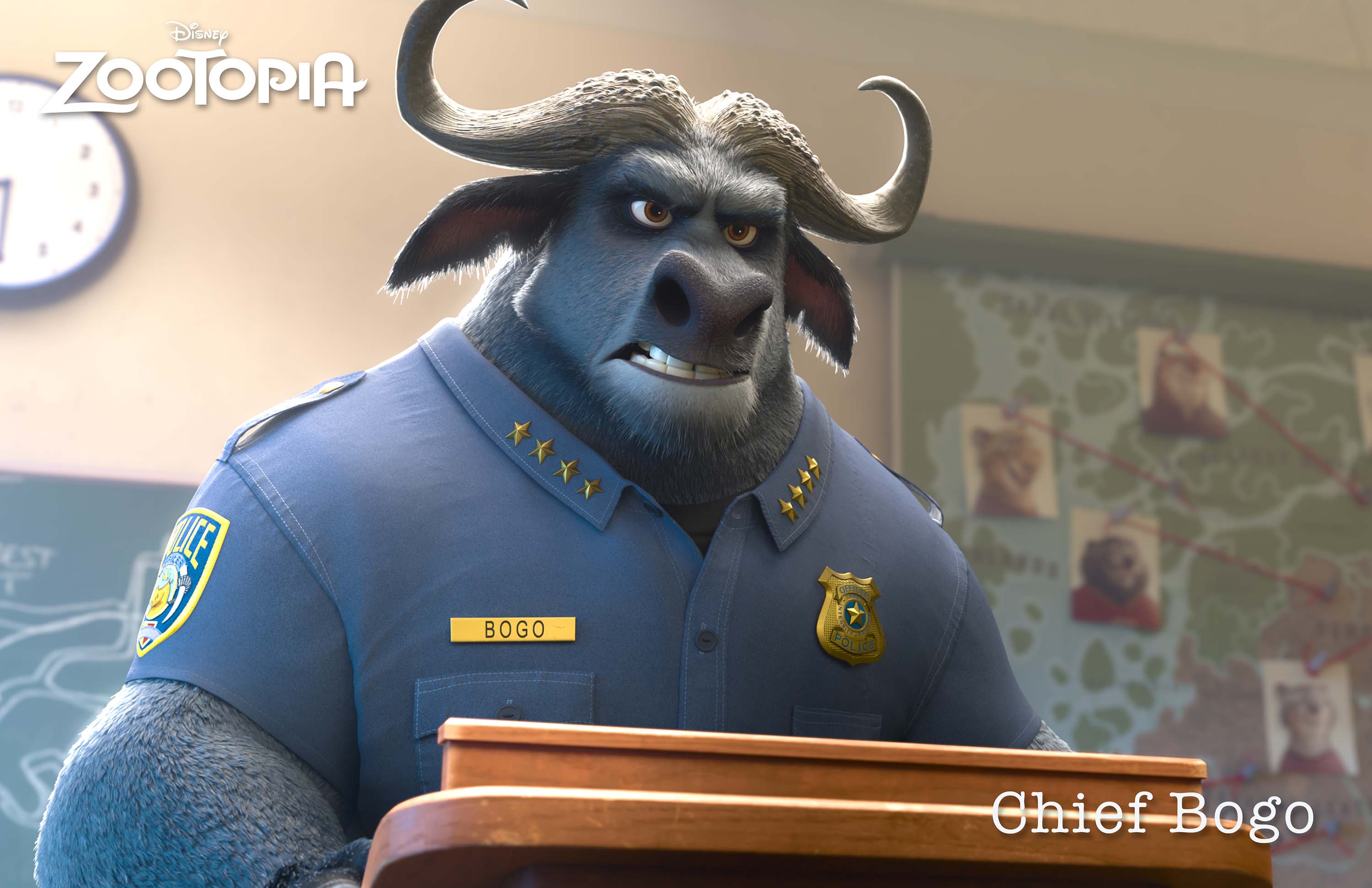 ZOOTOPIA â€“ CHIEF BOGO, head of the Zootopia Police Department. A tough cape buffalo with 2,000 lbs of attitude, Bogo is reluctant to add Judy Hopps, Zootopia’s first bunny cop, to his squad of hardened rhinos, elephants and hippos. Â©2015 Disney. All Rights Reserved.